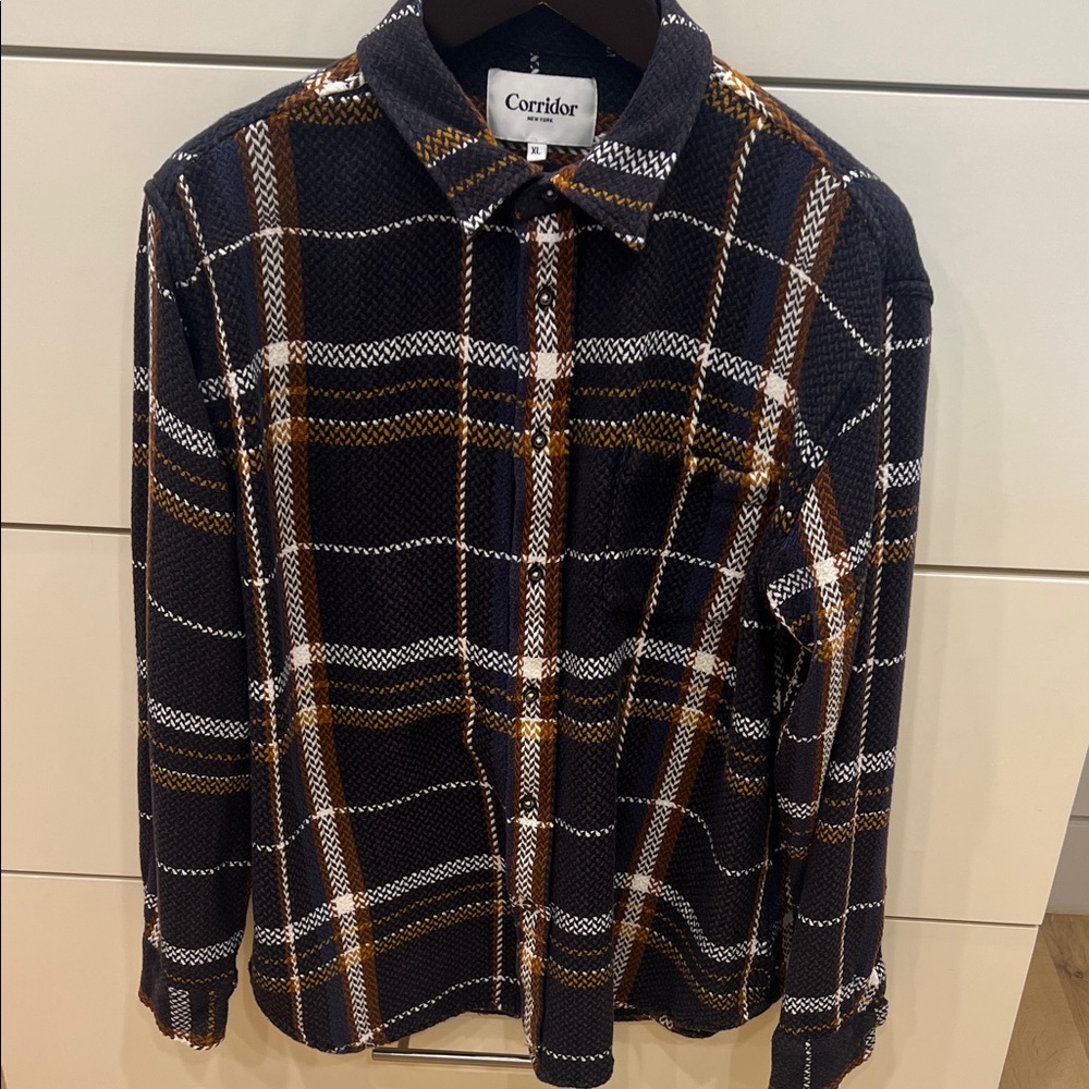 Corridor Black/Navy Plaid Button-Up Shirt with Brown & White Stripes